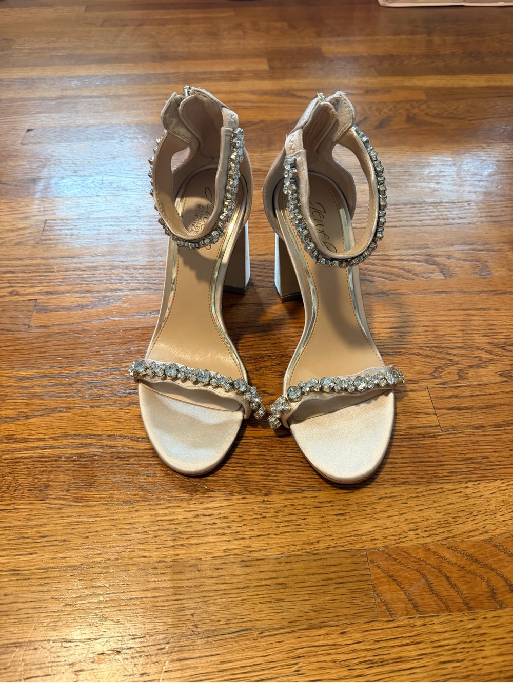 Jewel Badgley Mischka Nude Crystal-Ankle Strap Block Heels
